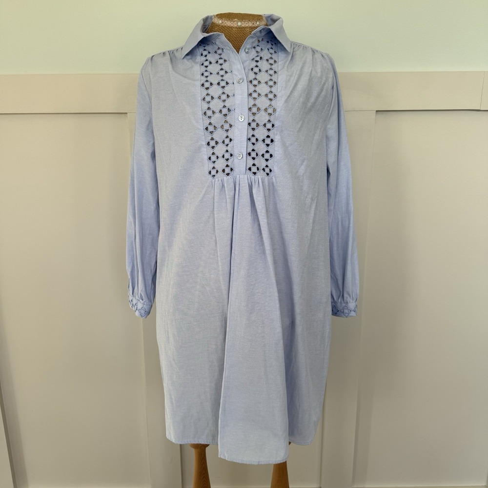 Zara Embroidered Eyelet Shirt Dress SM Babydoll Blue Cotton Blend Preppy Classic